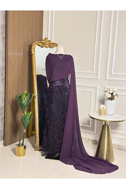 vanus fashion 6840-Dark mauve evening dress with elegant embroidery and a lon...