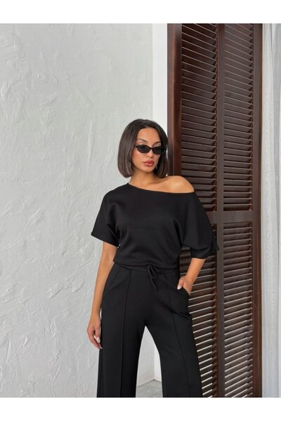 civetta Women's Jesus Sleeve Boat Neck Blouse and Pants Misal Fabric Two-Piec...