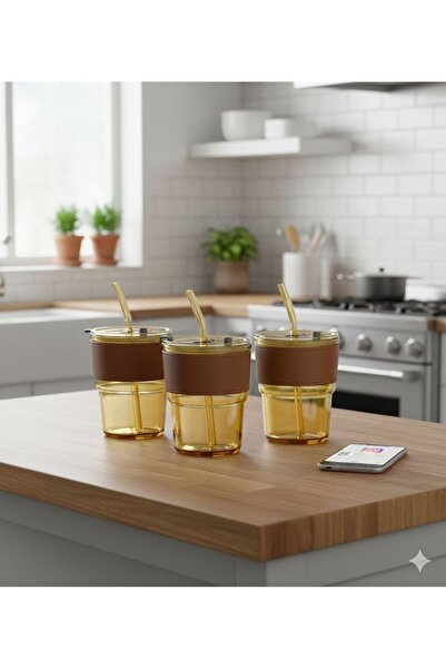 Store Deri kılıflı pipetli bardak 3 adet