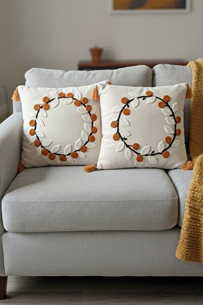 SİMEREV HALI HOME CONSEPT Punch Embroidered 2-Piece Cream Fabric Tassel Woven...