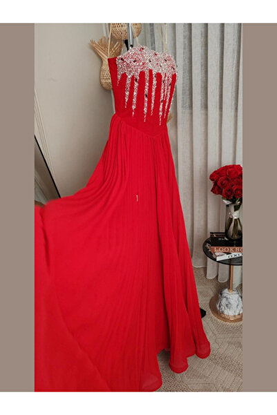 TREN Elegant Chiffon Evening Gown with Silver Beaded Bodice Strapless Formal ...