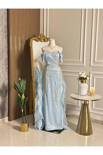 vanus fashion 6837-فستان سهرة أزرق سماوي بتطريز لامع وأكمام منسدلة
