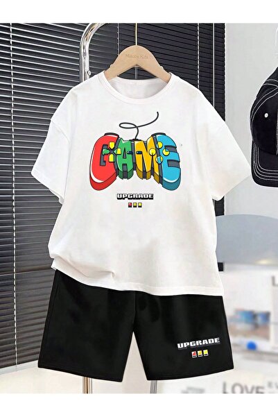 Kids Summer Game Upgrade Printed Boys and Girls Black Shorts, White T-Shirt Set