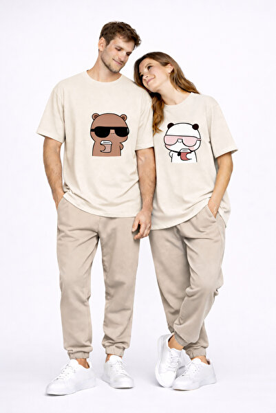 NEVERMIND Lover Couple T-Shirt Panda Character Printed Partner Combination Ov...