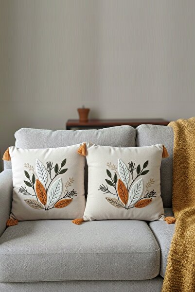 SİMEREV HALI HOME CONSEPT Punch Embroidered 2-Piece Cream Fabric Tassel Woven...