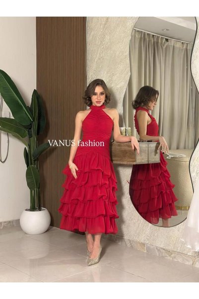 vanus fashion 7000 - فستان ميدي احمر بطبقات ساحرة