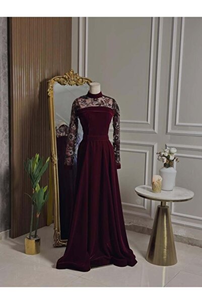 vanus fashion 6785 - فستان مخملي بلمسة دانتيل فاخرة
