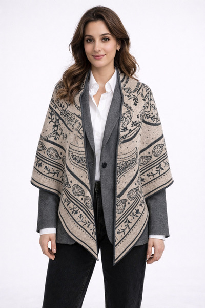 Sebir Moda Ethnic Patterned Double-Sided Knitwear Triangle Shawl