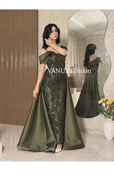 vanus fashion 6885 -فستان سهرة زيتوني مطرّز مع ذيل ساتان