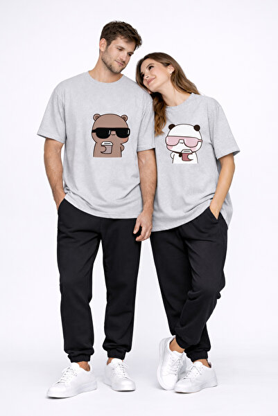 NEVERMIND Lover Couple T-Shirt Panda Character Printed Partner Combination Ov...