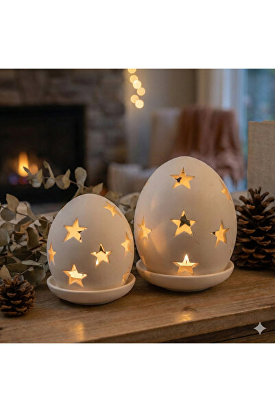 İki Cadı Tasarım Yıldızlı Tealight Mumluk Set Dekoratif Seramik Obje, 19 x 19 cm