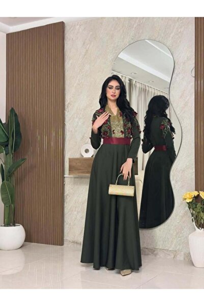 vanus fashion 6945 - Long olive-green embroidered evening dress