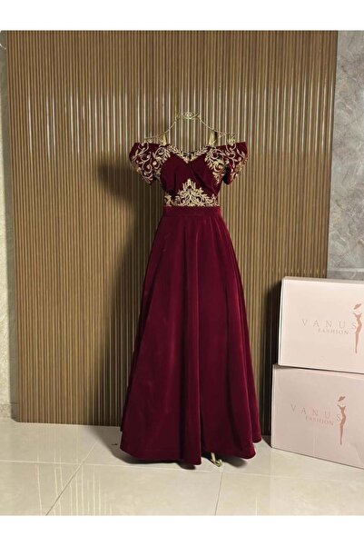 vanus fashion 6953 - Burgundy velvet evening dress