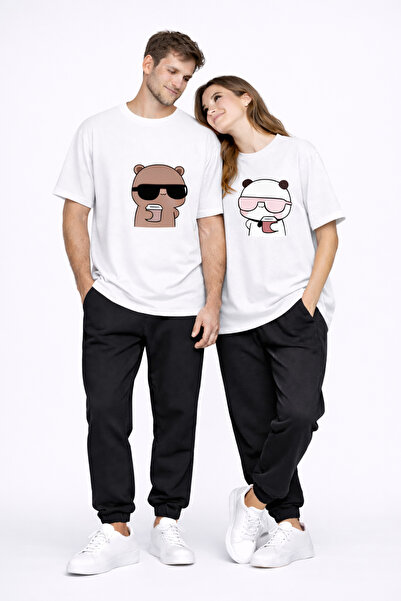 NEVERMIND Lover Couple T-Shirt Panda Character Printed Partner Combination Ov...
