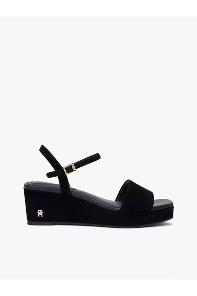 Tommy Hilfiger Women's 100% Suede Mid-Heeled Metallic Logo Patterned Black Sa...