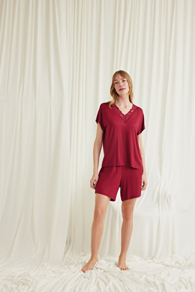 MONAMİSE Women'S, Viscose, Red, Short Sleeve, Lace, V-Neck Shorts Set