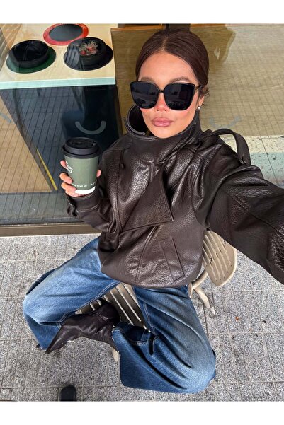 MEECY Women's Zr Model High Collar Zippered Leather Jacket