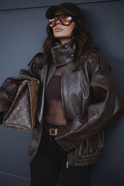 MEECY Women's Zr Model High Collar Zippered Leather Jacket