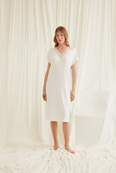 MONAMİSE Women'S, Mink, Ecru, Lace Collar, Short Sleeve Nightgown