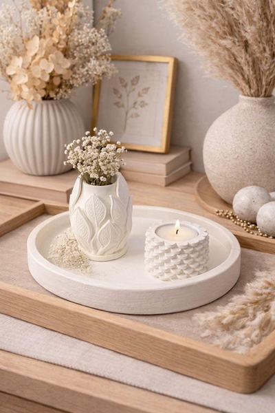 BUBUHOMEDECOR Dekoratif Tabaklı Yaprak Vazo ve Kozalaklı Mumluk Bohem Set