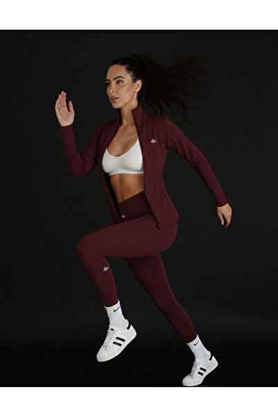Butik Women's Burgundy Zippered Fingerless Jacket Leggings Double Set