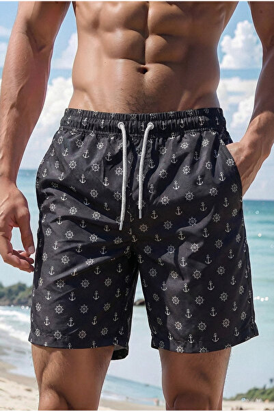 MADZEYMODA Μαύρο ανδρικό μαγιό με επένδυση, ελαστικό κορδόνι, κοντό μήκος, με...