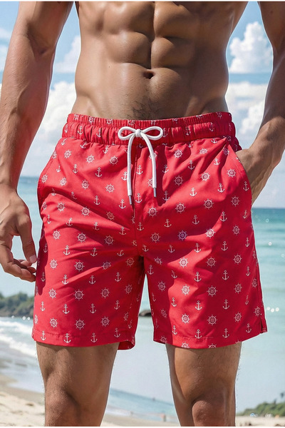 MADZEYMODA Κόκκινο ανδρικό μαγιό με επένδυση, ελαστικό κορδόνι, κοντό μήκος, ...