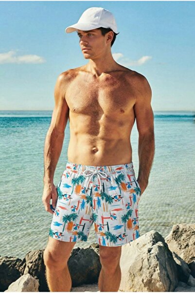 MADZEYMODA Lined White Men's Swim Shorts Elastic Lace-Up Short Length Pattern...