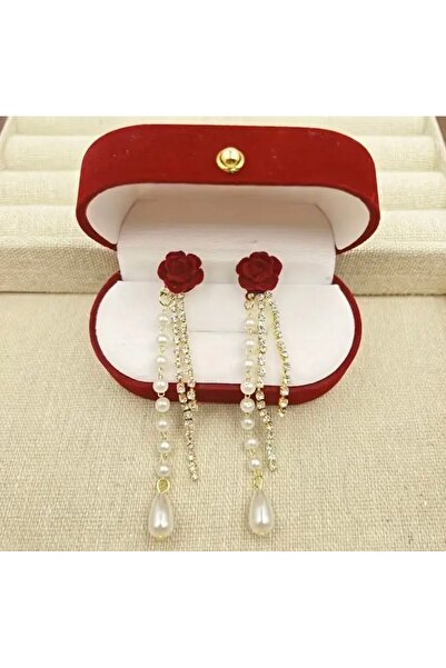 poyas Long Stone Pearl Detailed Swinging Rose Patterned Earrings Rose Red Ear...