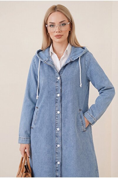 MissRunin Kapşonlu Düğmeli Oval Kesim Kot Kap