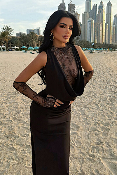 Eyyo Siyah Palisades Dantel Detaylı Degaje Yaka Eldivenli Uzun Abiye Elbise A...