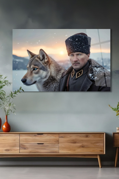 home dekors Mustafa Kemal Atatürk ve Kurt Vatan Cam Tablo Ofis Kurum Makam Od...