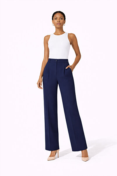 Sentez 5635 Dark Blue Broom Pleated Palazzo Pants