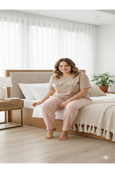 BOYRAZ Women's Milan Large Size Crew Neck Short Sleeve Slim Pajama Set