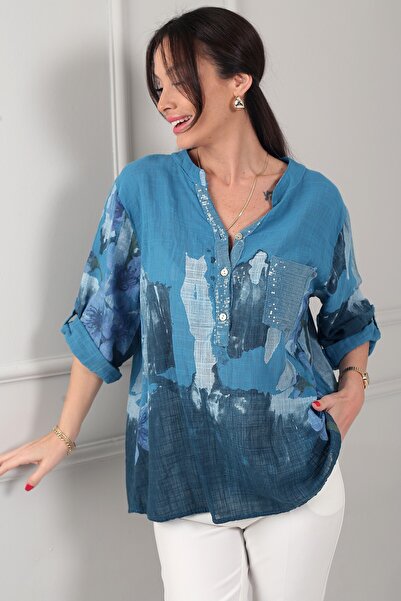 By Saygı Дамска широка вносната ленена риза с половин копчета отпред, копчета...