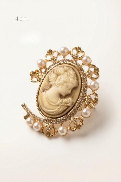 Spazio İnci Detaylı Vintage Cameo Oval Broş 4 cm ALTIN