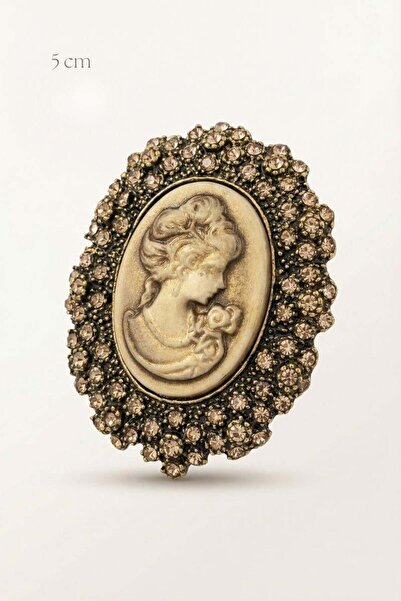 Spazio Antik Altın Renk Cameo Figürlü Taşlı Oval Broş 5 cm ALTIN