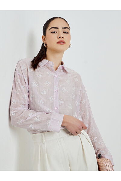 Styli Lilac Textured Floral Print Long Sleeve Shirt
