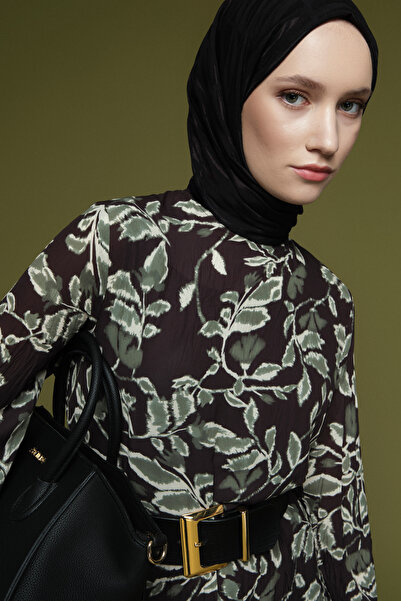 Armine Çiçek Desenli Kırışık Görünümlü Elbise Yeşil