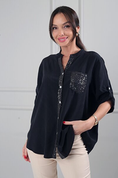 By Saygı Women's Imported Lyocell Viscose Oversize Shirt with Sequin Detail a...