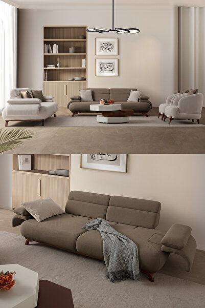 Eymense Bonjo Sırt Mekanizmalı Ceviz Kasalı Koltuk Takımı 3+3+1+1 Kahverengi