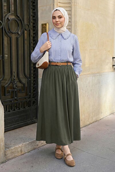 InStyle Khaki Modal Skirt with Gathered Belt