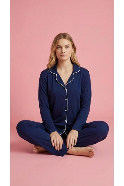 MEBA Women's Buttoned Ribbed Knitted Long Sleeve Seasonal Navy Blue Pajama Set