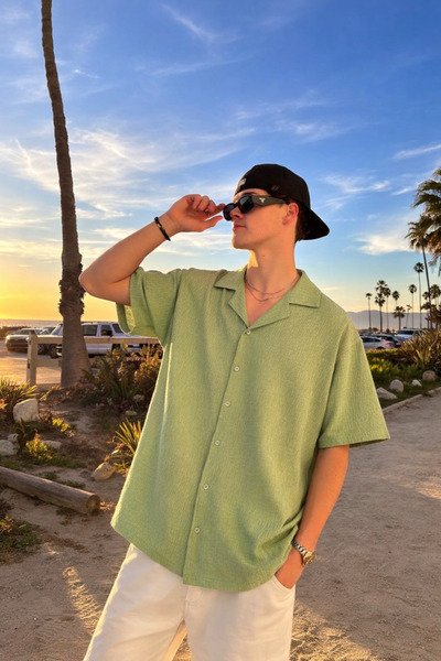 DAMGA JEANS Men's Basic Polo Collar Green Summer Linen Shirt