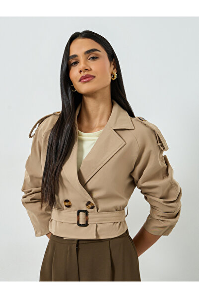 Take Two By Styli Women's Solid Double-breasted Belted Short windbreaker jacket