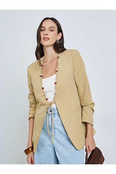 Take Two By Styli Women's Solid Pocket Detail Beaded Decor Neck Long Sleeve J...