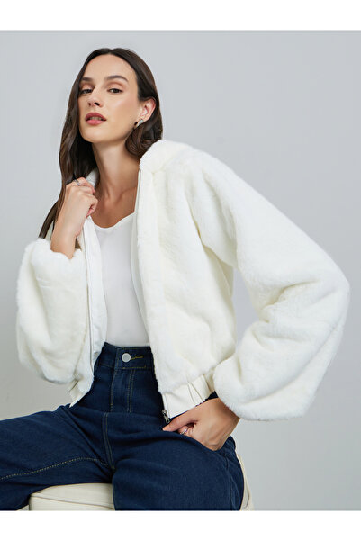 Take Two By Styli Women's Solid Fake Fur Zip Up Hoodie Coat