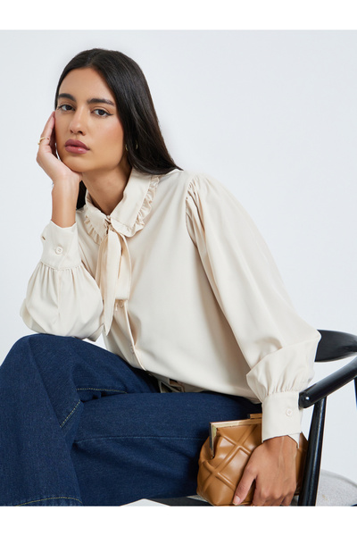 Styli Beige Long Sleeve Ruffle Collar Shirt