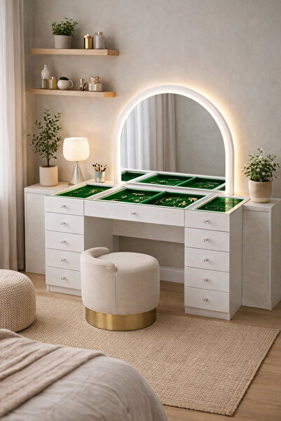 Setay Aynalı Makyaj Masası, Lavin Cam Üst Bölmeli Takı Düzenleyicili Şifonyer