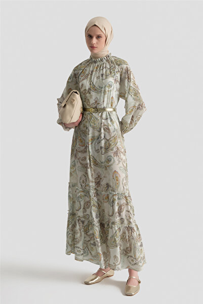 Armine Şal Desenli Elbise Beyaz